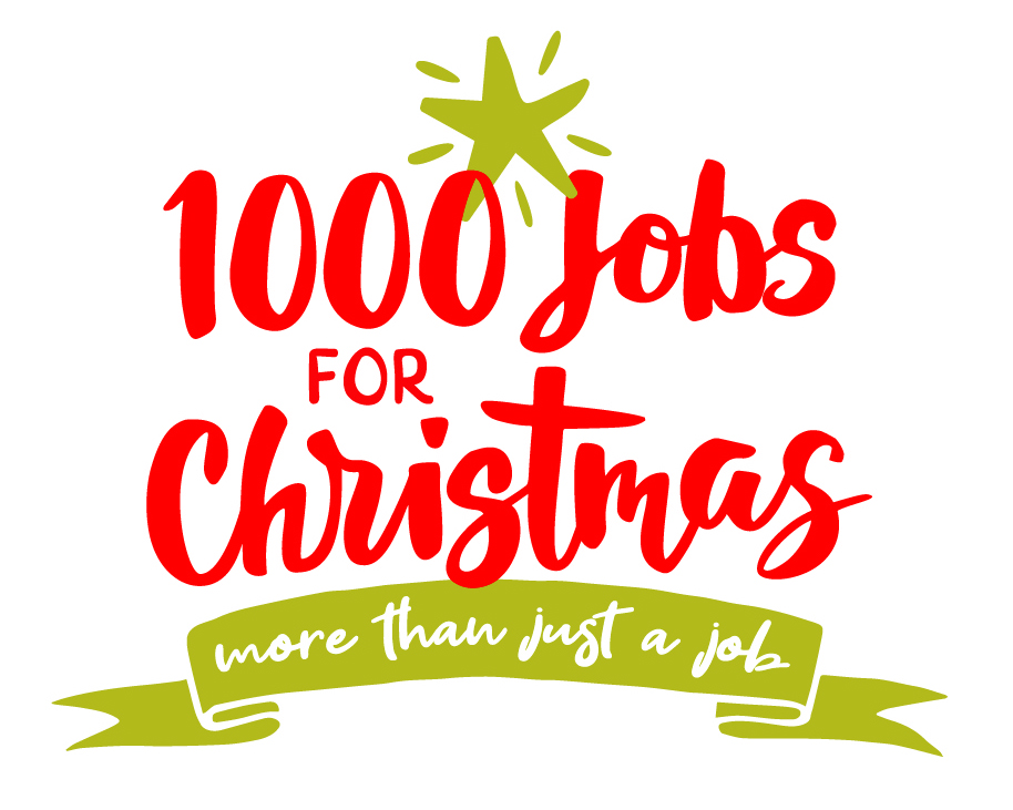 1000 Jobs logo - image of red, gold and white elements reading 1000 jobs for Christmas more than just a job