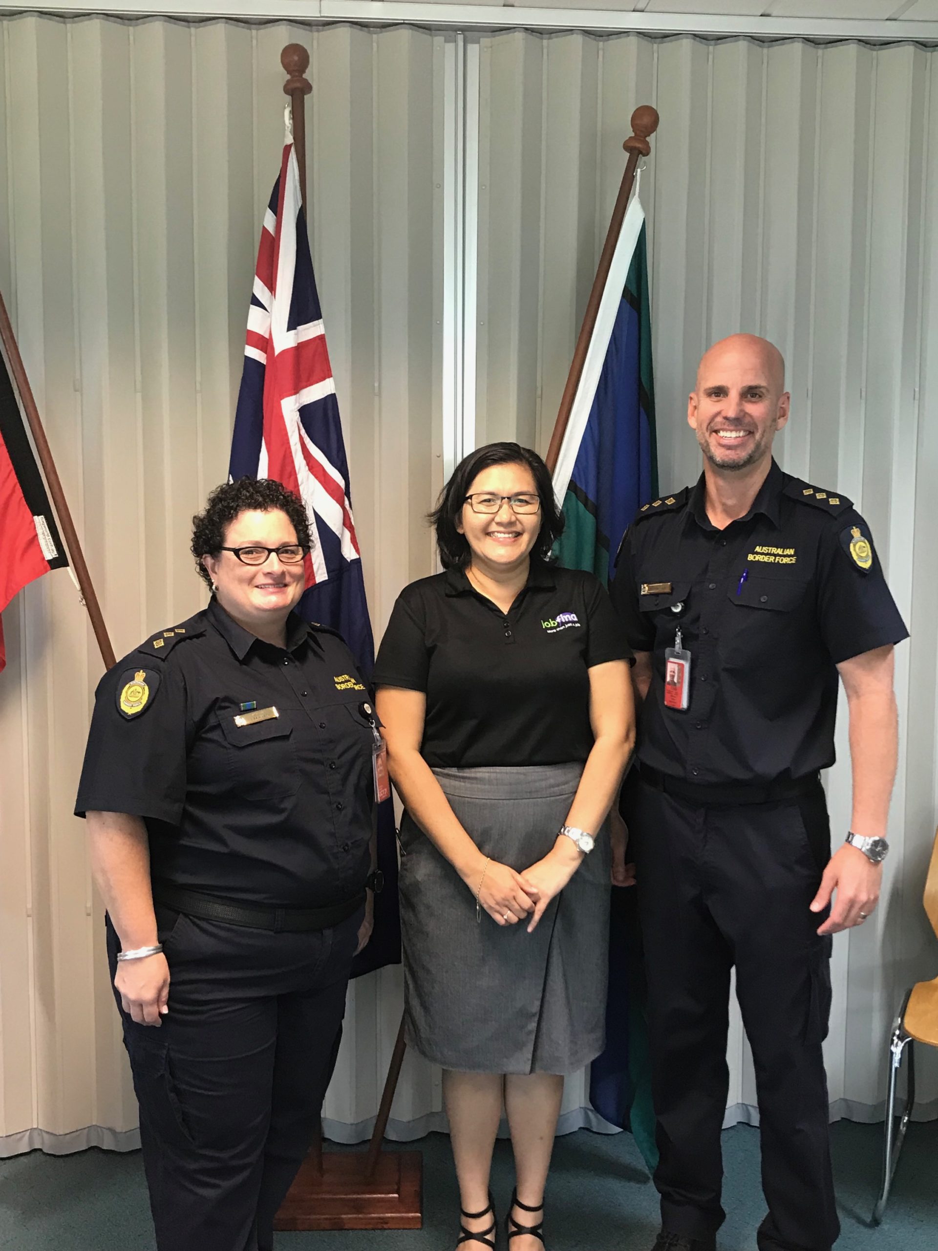 Australian Border Force talk - image of Flo Walker next to two border force personnel